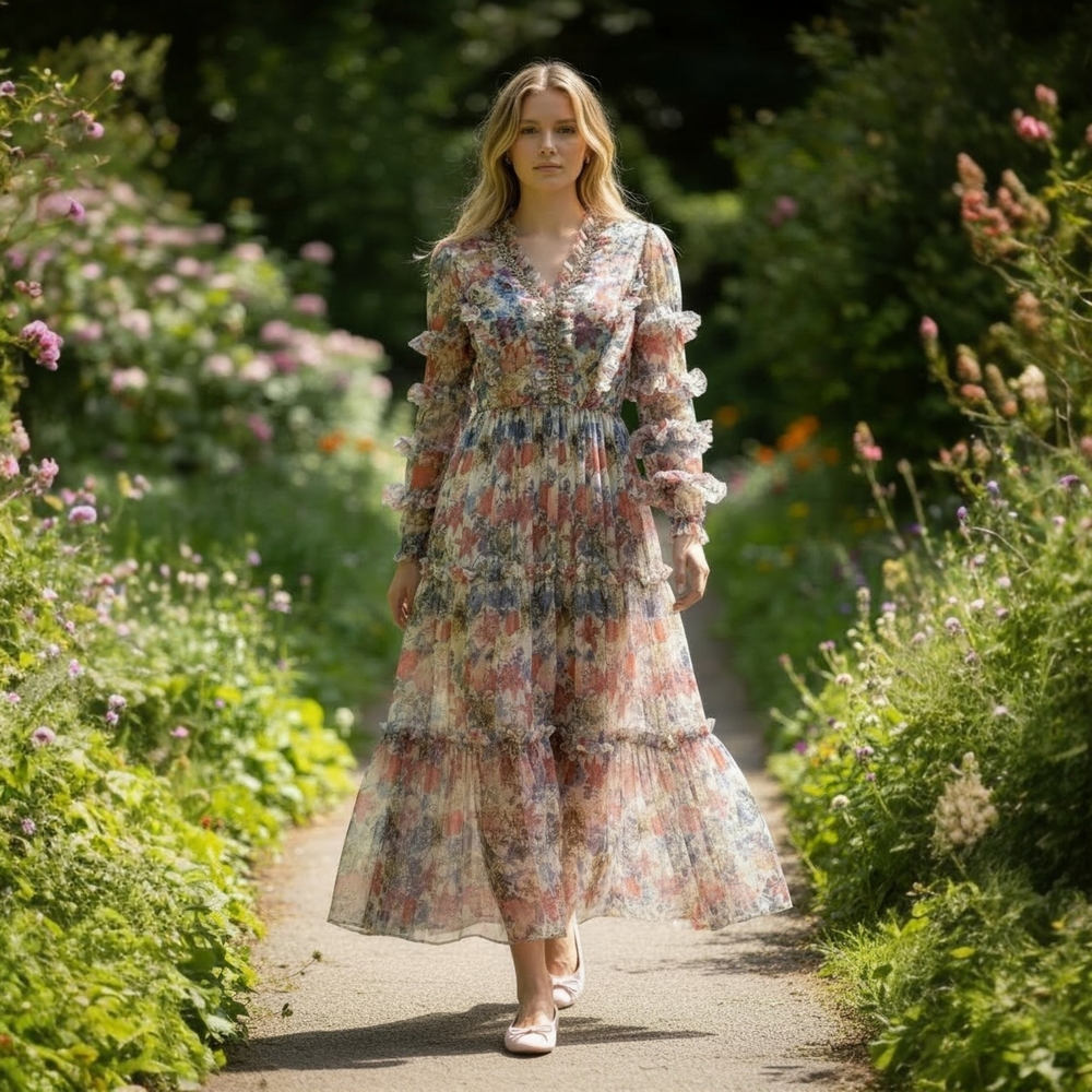 Spring Floral Bohemian Sheer Ruffled Maxi Dress with Tiered Skirt Medium